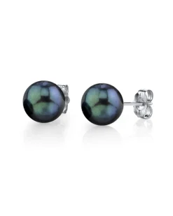 Black Akoya Round Pearl Stud Earrings, 7.5-8.0mm
