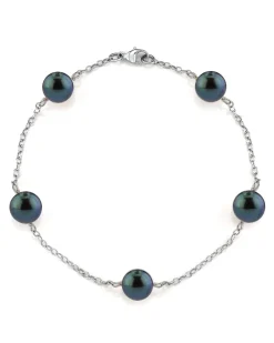 Black Japanese Akoya Pearl Tin Cup Bracelet, 7.0-7.5mm
