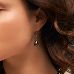 Black Tahitian Baroque Pearl Tin Cup Dangle Earrings
