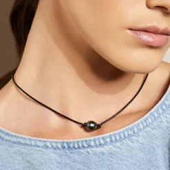 Black Tahitian Baroque Pearl on Leather Necklace