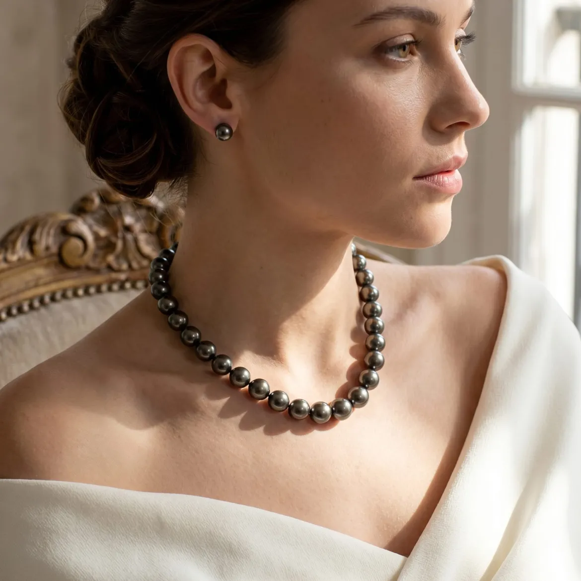 Black Tahitian True Round Pearl Necklace, 10.0-12.0mm - AAAA Quality