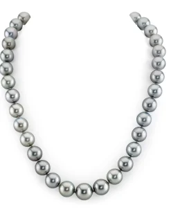 Bright Silver Tahitian True Round Pearl Necklace, 10.0-12.0mm - AAAA Quality