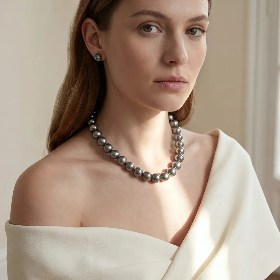 Dark Tahitian True Round Pearl Necklace, 13.0-15.0mm - AAA Quality