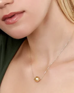 Golden Round Solitaire 14K Pearl Necklace