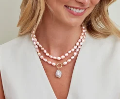 9.5-10.5mm Oval Pink Freshwater Pearl Double Strand Necklace