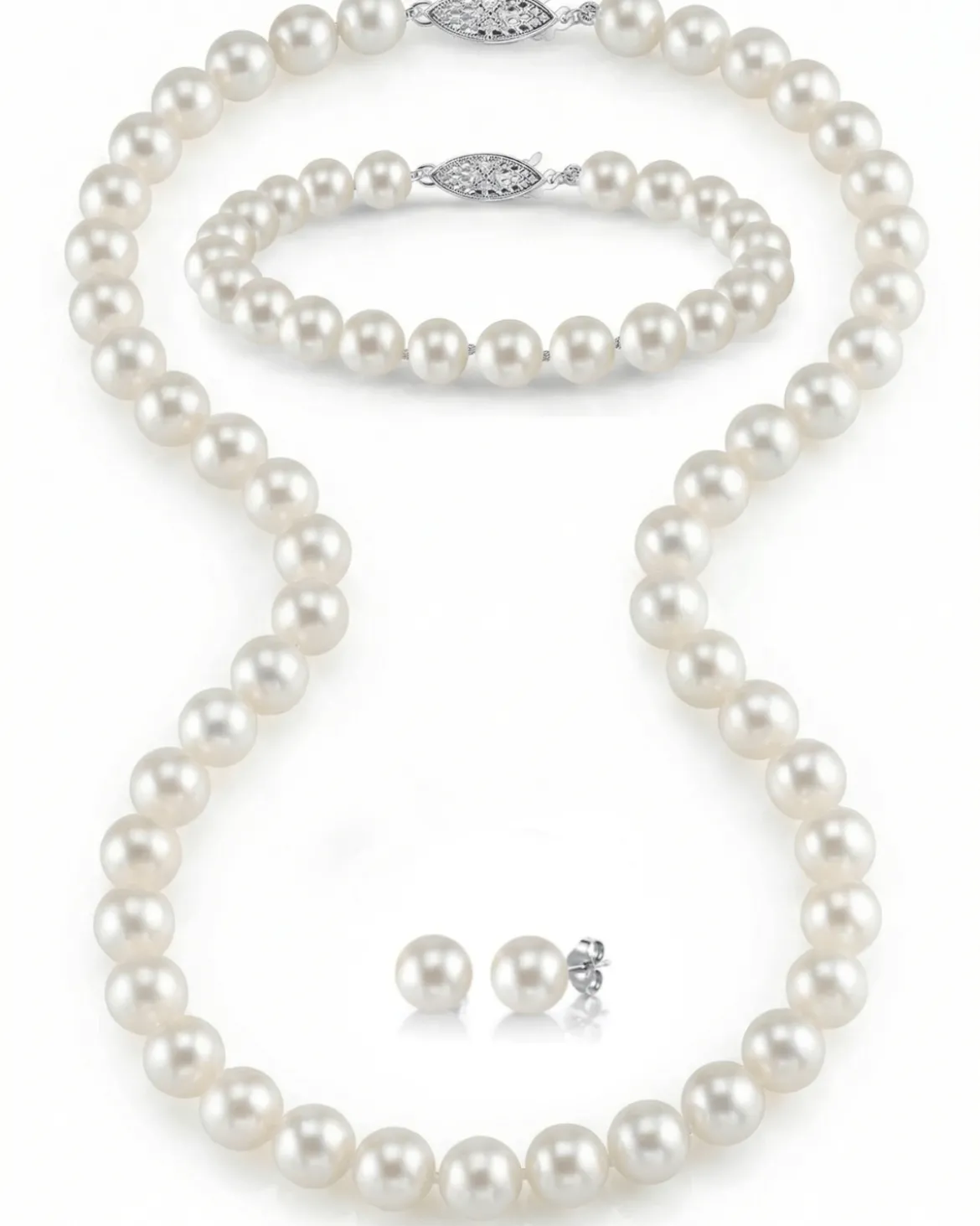 7.0-7.5mm White Freshwater Pearl Necklace, Bracelet & Earrings