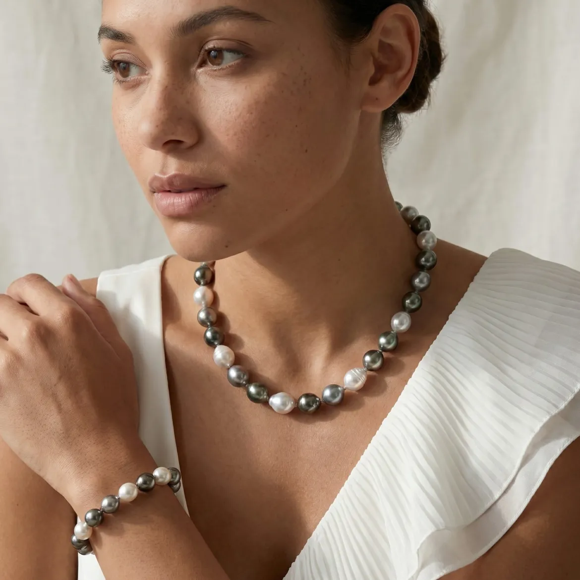 Multi-Color Tahitian & White South Sea Baroque Pearl Necklace, 9.0-12.0mm
