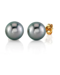 Tahitian Pearl Stud Earrings, AAAA Quality - Silver Overtone