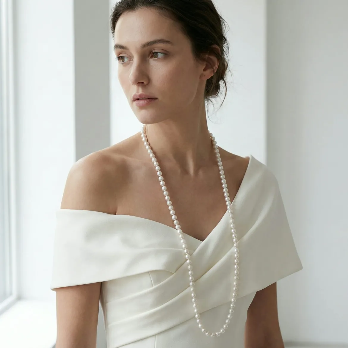 White Japanese Akoya Opera Length Pearl Necklace, 6.5-7.0mm