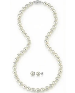 White Japanese Akoya Pearl Necklace & Earring 2-Piece Set, 7.5-8.0mm