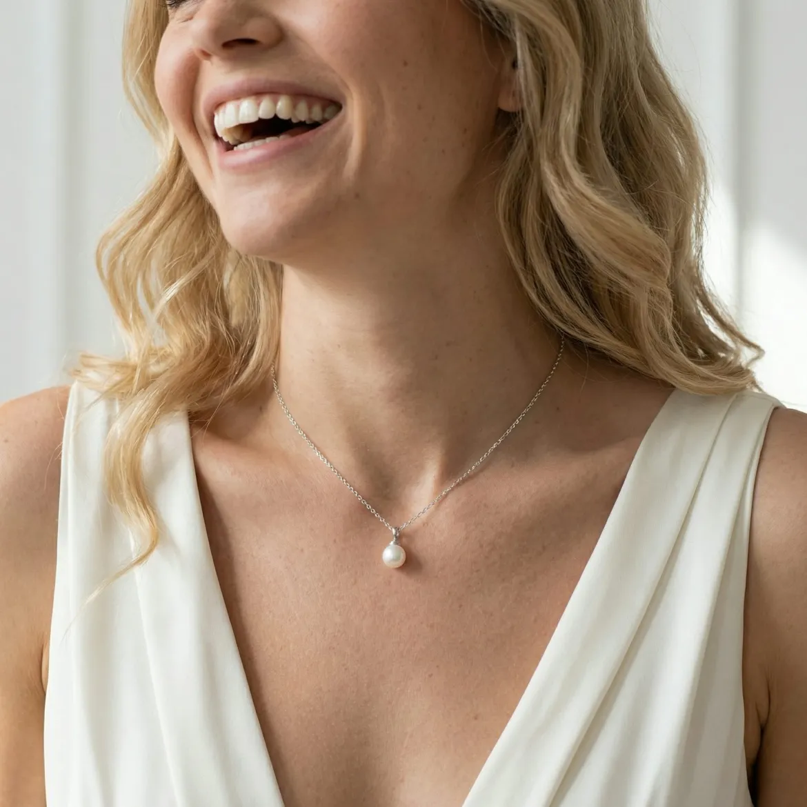 White Japanese Akoya Pearl Hope Pendant, 8.0-8.5mm - 14K Gold