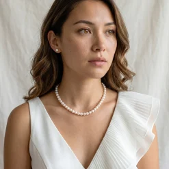 White Japanese Akoya Pearl Necklace & Earring 2-Piece Set, 6.5-7.0mm