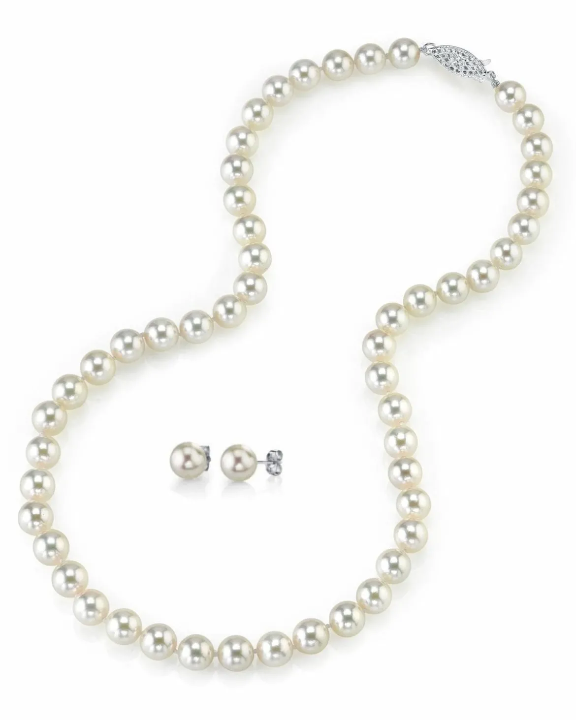 White Japanese Akoya Pearl Necklace & Earring 2-Piece Set, 7.0-7.5mm