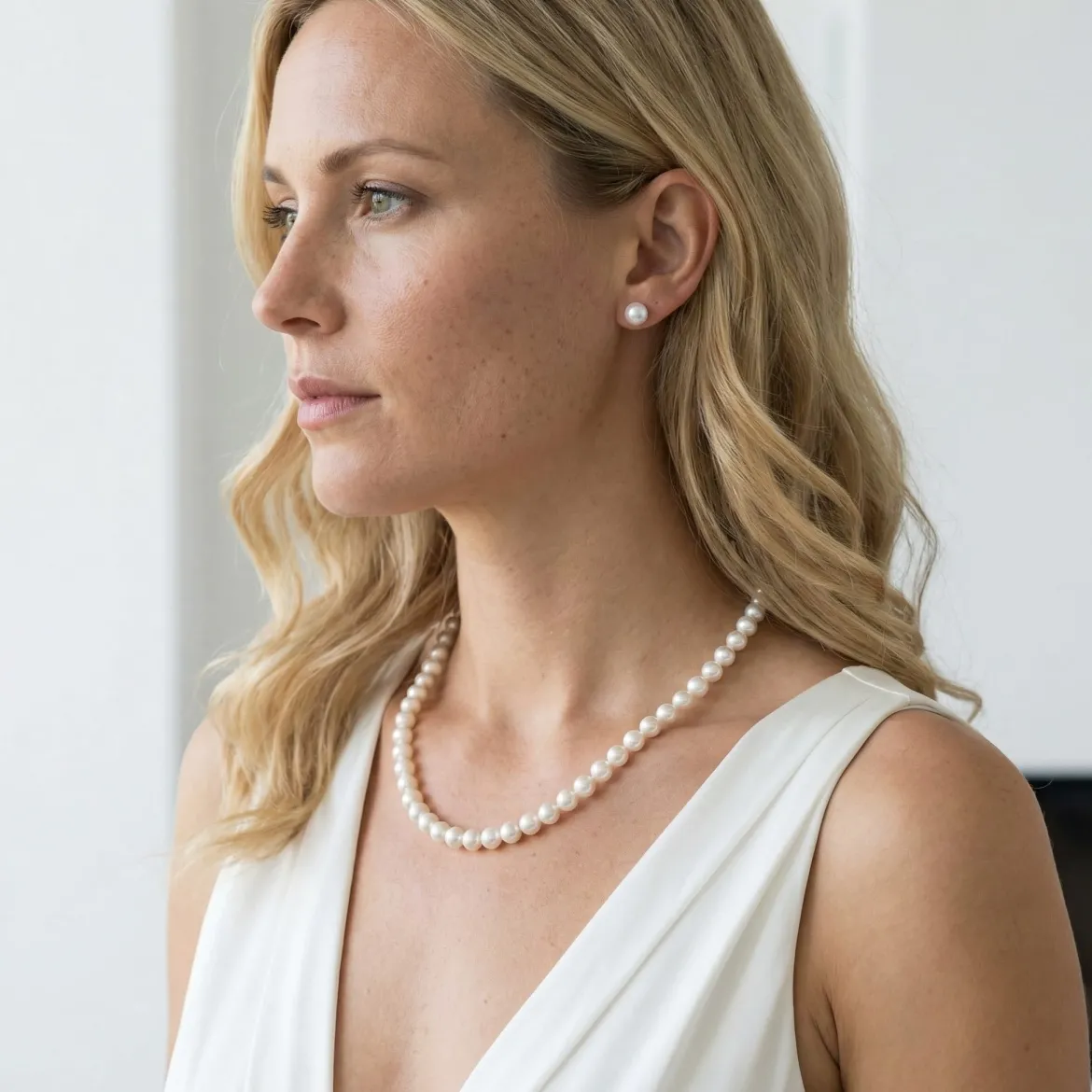 White Japanese Akoya Pearl Necklace & Earring 2-Piece Set, 7.0-7.5mm