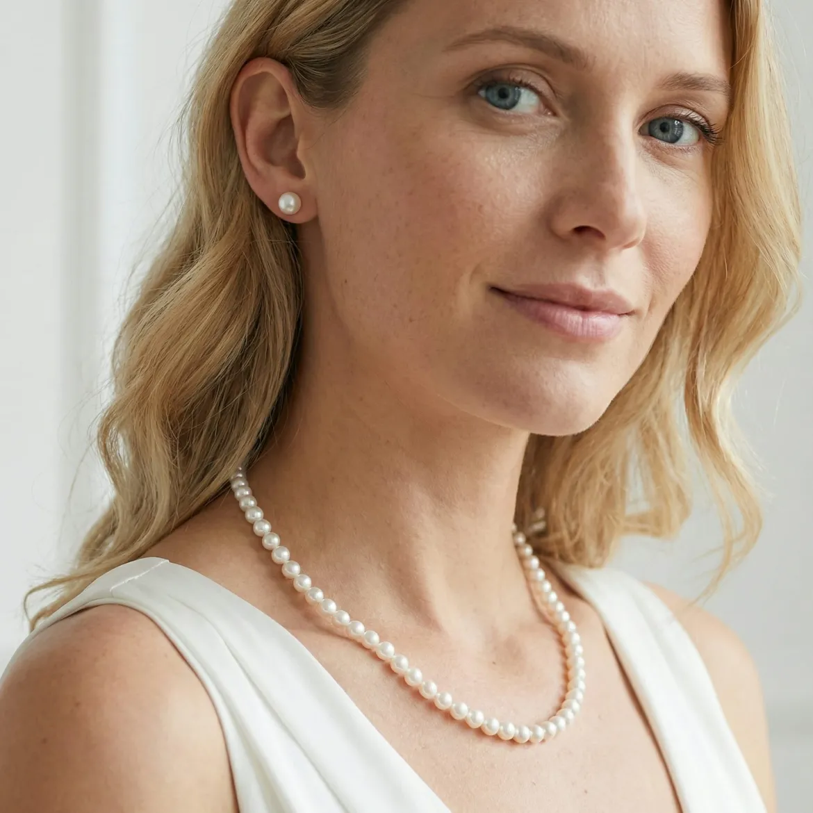 White Japanese Akoya Pearl Necklace & Earring 2-Piece Set, 7.0-7.5mm