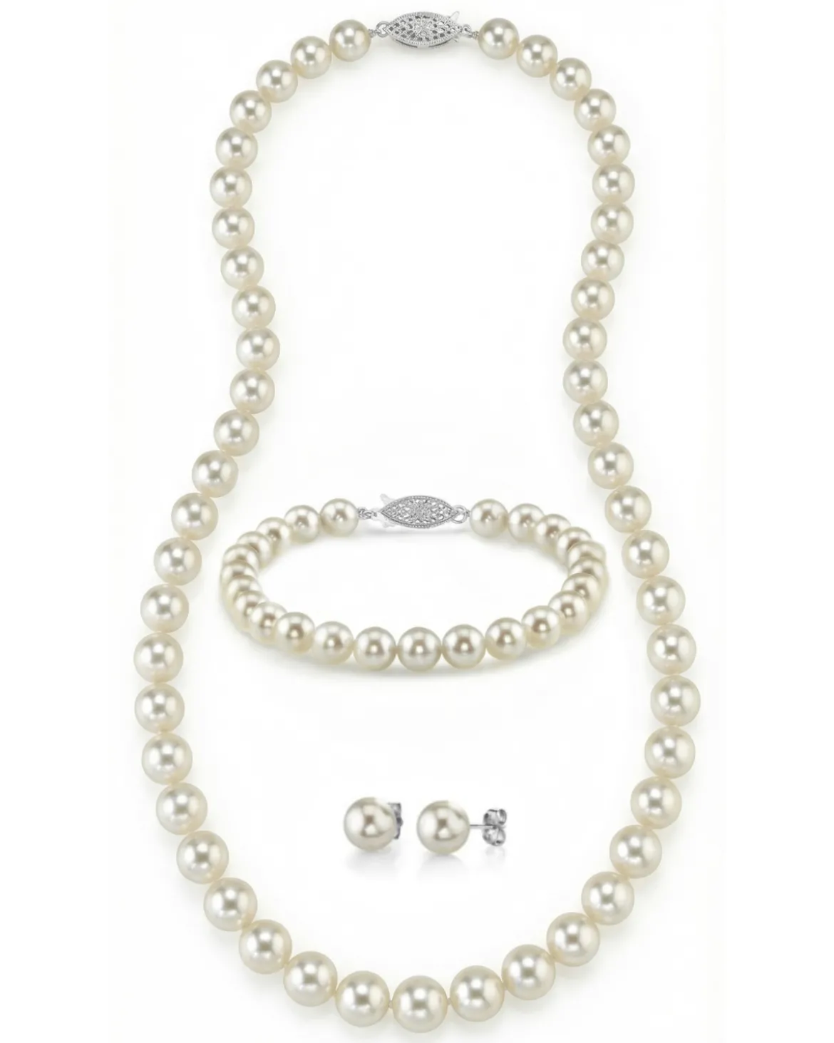 White Japanese Akoya 3-Piece Pearl Jewelry Set, 7.5-8.0mm