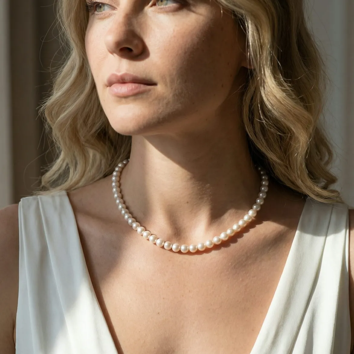 White Japanese Hanadama Akoya Pearl Necklace, 6.5-7.0mm