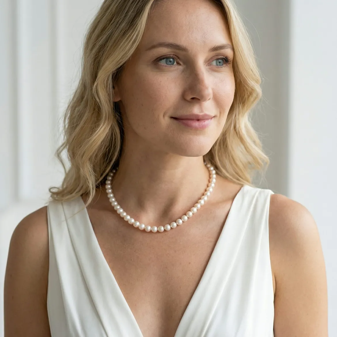 White Japanese Hanadama Akoya Pearl Necklace, 6.5-7.0mm
