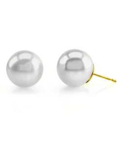 White South Sea Round Pearl Stud Earrings, 9.0-10.0mm